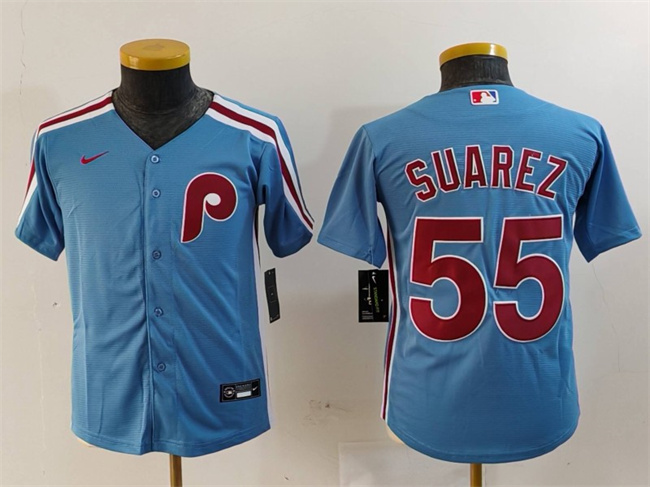 Youth Philadelphia Phillies #55 Ranger Suárez Blue Cool Base Stitched Baseball Jersey